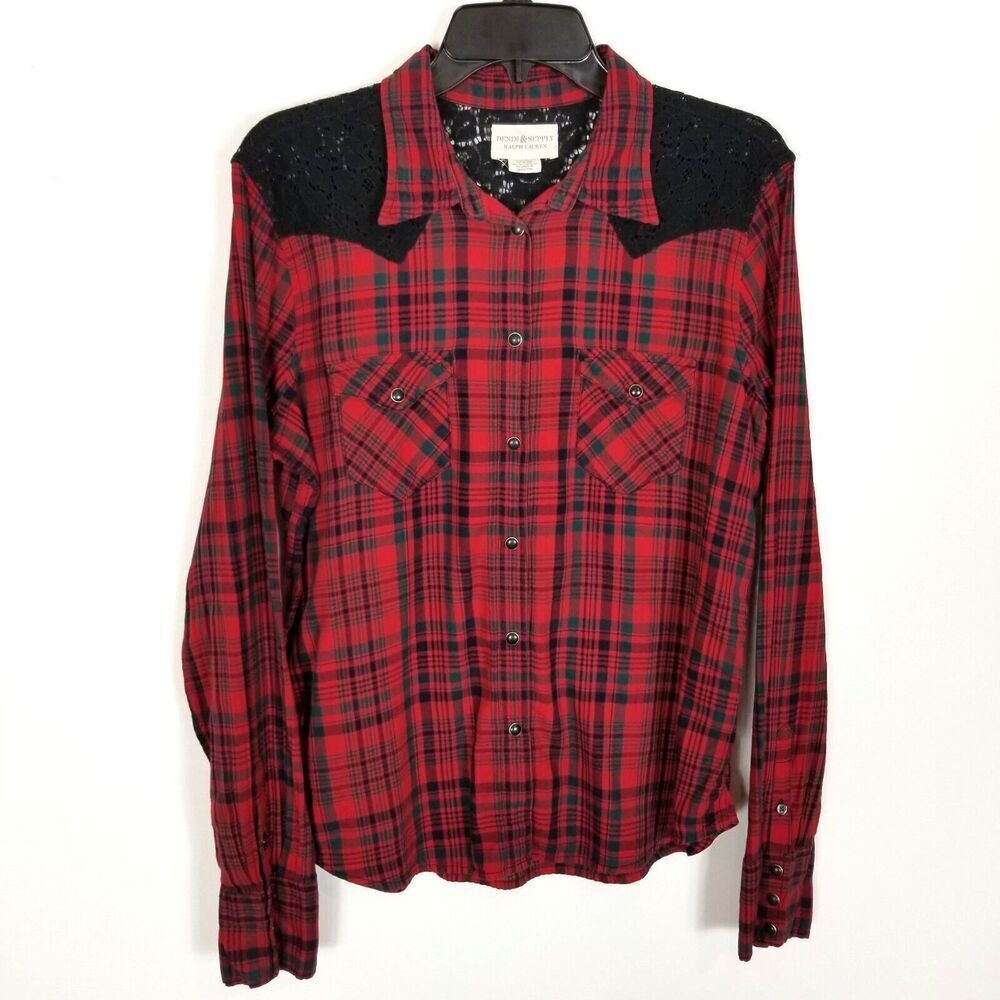 Ralph Lauren Denim & Supply Red Plaid Snap Front Shirt Size L Long Sleeve